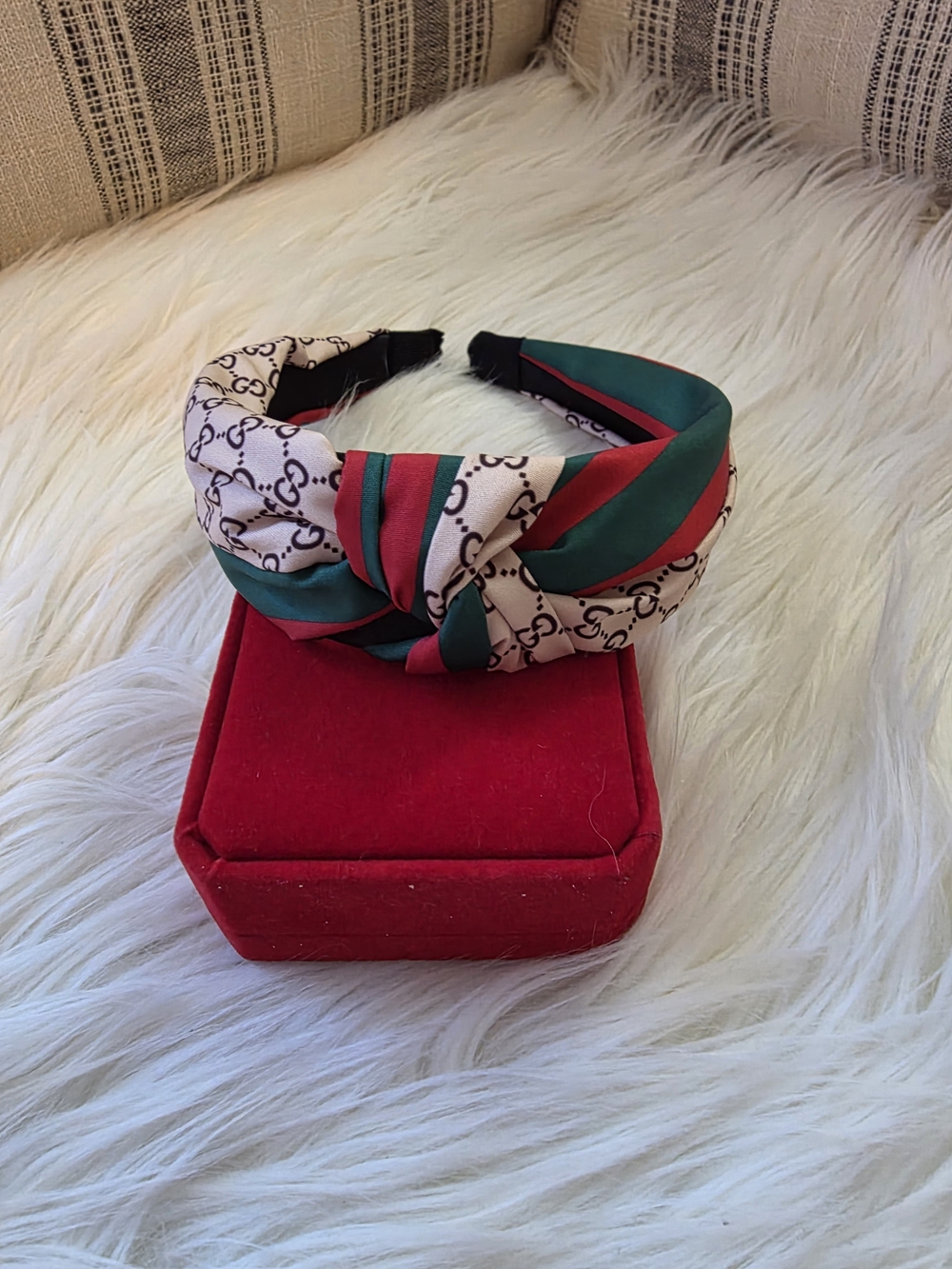 Silk-Knot Headband in Beige, Green & Red